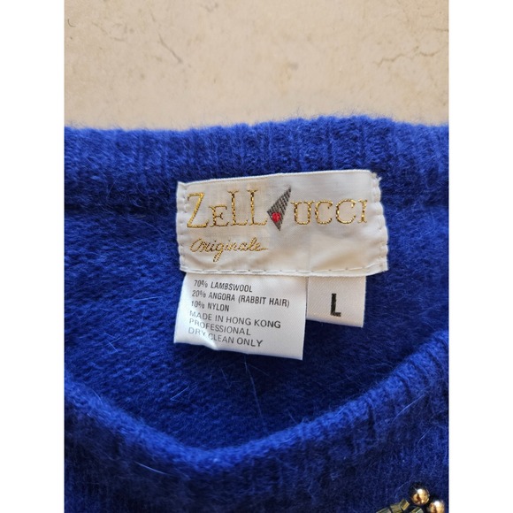 Vtg Zellucci Blue Vintage Jeweled Lambswool Sweater (B2) - Picture 7 of 8